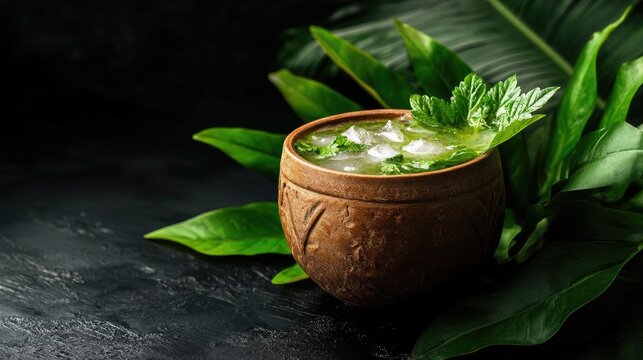 Traditional Thai bael fruit juice in a clay cup with ice and herbs, surrounded by tropical leaves