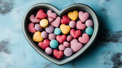 Heart-shaped bowl filled with colorful candy hearts and round candies