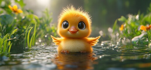 Adorable fluffy chick in shallow water