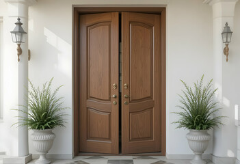 Open brown double doors with decorative plants and wall mounted lanterns at the entrance of a building