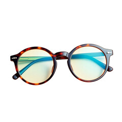 Fototapeta premium Close up of round tortoise shell glasses with blue light lenses on a black background studio shot