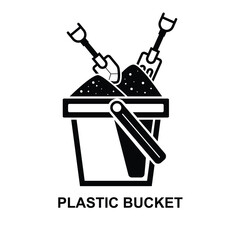 Plastic bucket with rake and shovel icon isolated on background vector illustration.