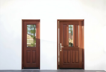 Obraz premium Two brown wooden doors with glass panels set against a white wall in bright sunlight outside house