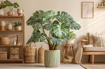 Indoor monstera plant with shelving and decor
