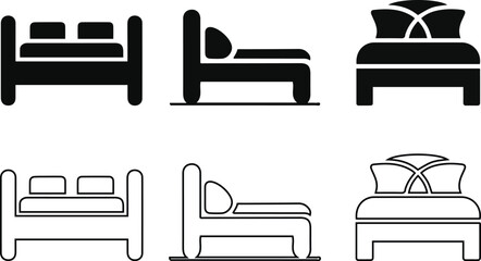 Bedroom and Furniture Icons Set - Sleep and Comfort and Outline Vector.