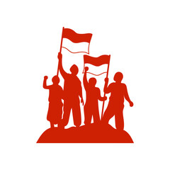 Silhouettes of indonesian citizens waving flags, celebrating indonesian independence day