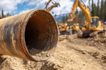 Pipeline construction with heavy equipment outdoors