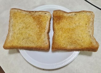 two Grilled toasts wheat bread sliced on white plate on white gray table, sliced sandwich bread homecooked