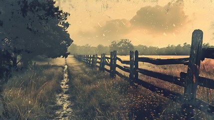 Fototapeta premium A rustic wooden fence stretches into the distance along a grassy path through a rural field under a cloudy sky