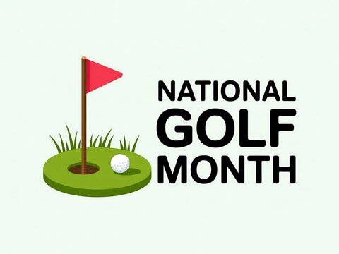 Illustration of national golf month with golf ball, flag, hole and green grass patch - Powered by Adobe