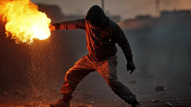Man lights and throws Molotov cocktail in active war zone during nighttime conflict, Man Lights And Throws Molotov In War Zone