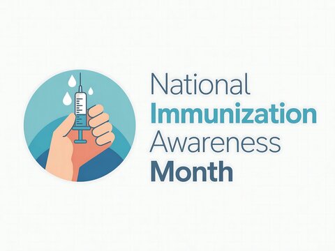 Illustration of a hand holding a syringe with national immunization awareness month text