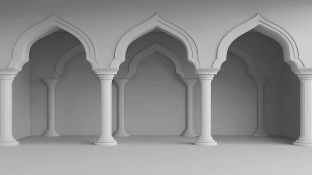 Serene White Interior Space with Arched Openings and Classic Column Architecture