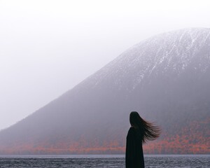 A solitary figure gazes at a misty mountain range