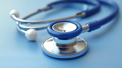 Stethoscope on blue surface, medical examination equipment close-up