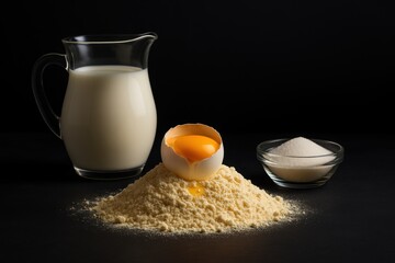 Cracked egg on flour mound with glass jug of milk and sugar bowl, styled under soft studio lighting on black background, showcasing baking essentials in elegant, high-contrast composition