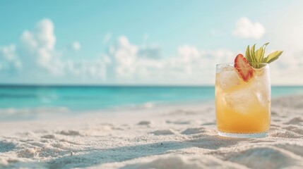 summer concept. Refreshing cocktail on a sandy beach with a vibrant blue ocean backdrop