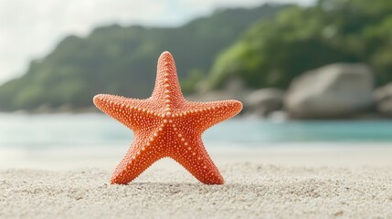 summer concept. Starfish on sandy beach with blurred ocean background.