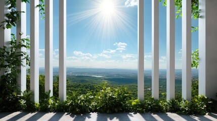 Elegant window view with sunlight through slats and clear sky horizon in background