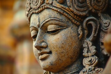 A stunning close-up of a serene Hindu deity sculpture, showcasing intricate stone craftsmanship, peaceful expression, and rich cultural heritage. Perfect for artistic and spiritual themes.