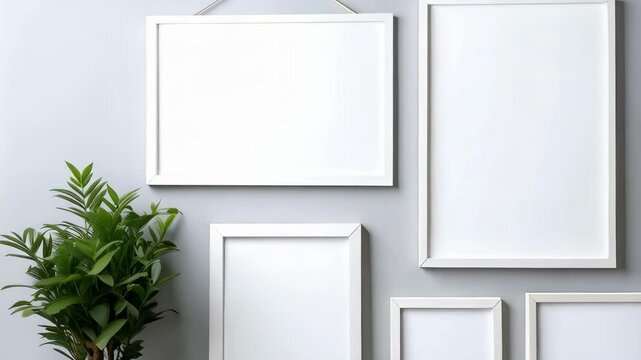 Collection of blank picture frames hanging on wall with a potted green plant for customizable art or photos, mockup arrangement on gray.