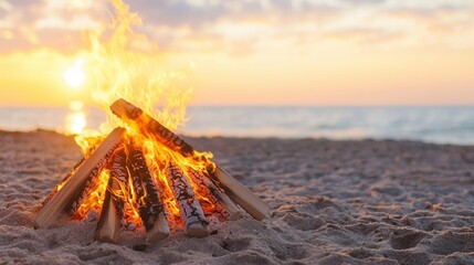 Fototapeta premium summer concept. Beach bonfire at sunset with glowing flames and serene ocean background.