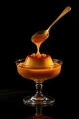 Luxurious caramel pudding in a clear glass cup with golden spoon pouring syrup, dramatic studio lighting highlights shine and softness, black backdrop emphasizes dessert elegance