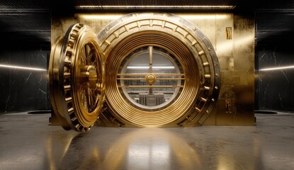 Open gold bank vault door interior shot