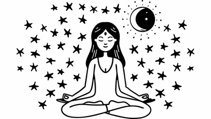 Woman meditating under the moon surrounded by stars in black and white doodle style drawing design created with generated ai