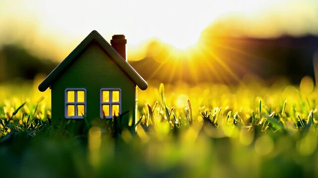 Small green toy house sits in lush grass under the sunlight at sunset glow, Small green toy house in the middle of the green grass field with sunlight in the background