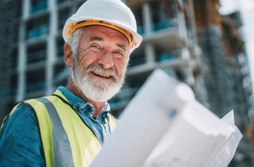 Construction worker with blueprints at site