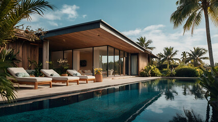 Fototapeta premium Tropical Modern Villa with Infinity Pool and Palm Trees in Bright Summer Light