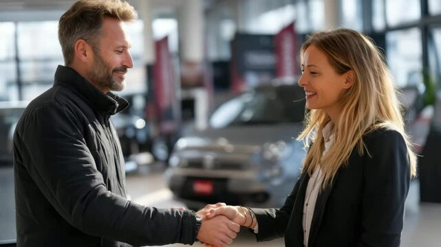 Customer Receiving Car Keys from Saleswoman in Sunlit Dealership
