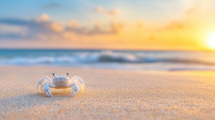 summer concept. Crab on sandy beach during sunset with ocean waves in background.