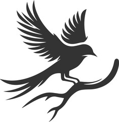 A cute bird on tree branch sitting vector silhouette