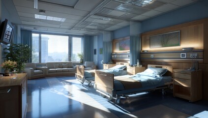 Hospital room with beds and seating area