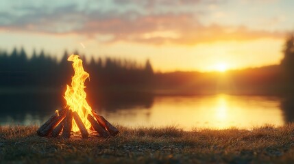 Naklejka premium summer concept. Campfire by a serene lake at sunset with silhouetted trees in the background.