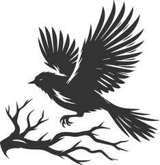 A cute bird on tree branch sitting vector silhouette