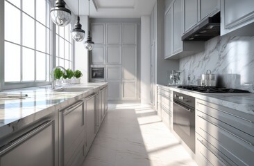 Bright kitchen interior design with marble counters