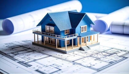 Blue model house on architectural blueprints