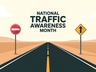 National traffic awareness month illustration with road and traffic signs on roadside