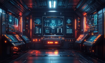 Obraz premium Futuristic spaceship cockpit with glowing displays