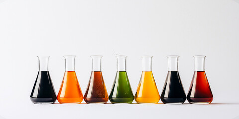 Row of colorful beakers with liquids