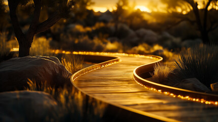 Glowing pathway with golden sunrise lighting