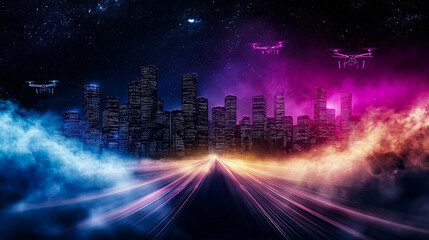 Dystopian cyberpunk metropolis under dark futuristic sky