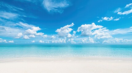 Obraz premium summer concept. Vivid blue ocean meets a bright sky filled with fluffy clouds.