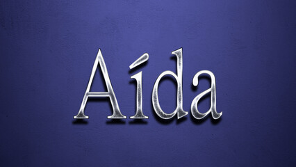 3D Chrome name design of Spanish name Aida on blue Background.