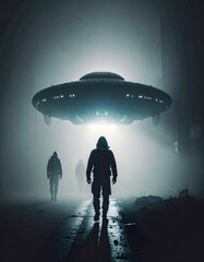bir ufo ve altında insanlar 
