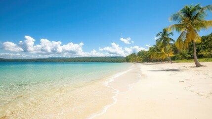 summer concept. Tropical beach with clear water and swaying palm trees.