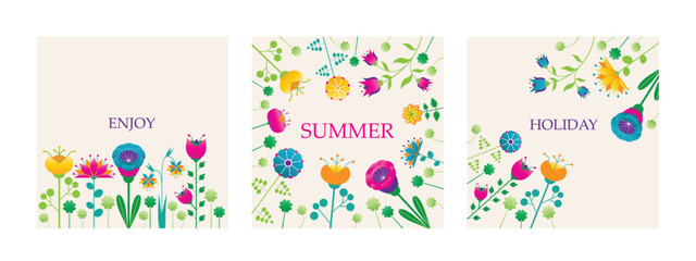 colour vector summer holidays or happy easter cards with vibrant flat folk style flowers, set of floral backgrounds with place for your text
